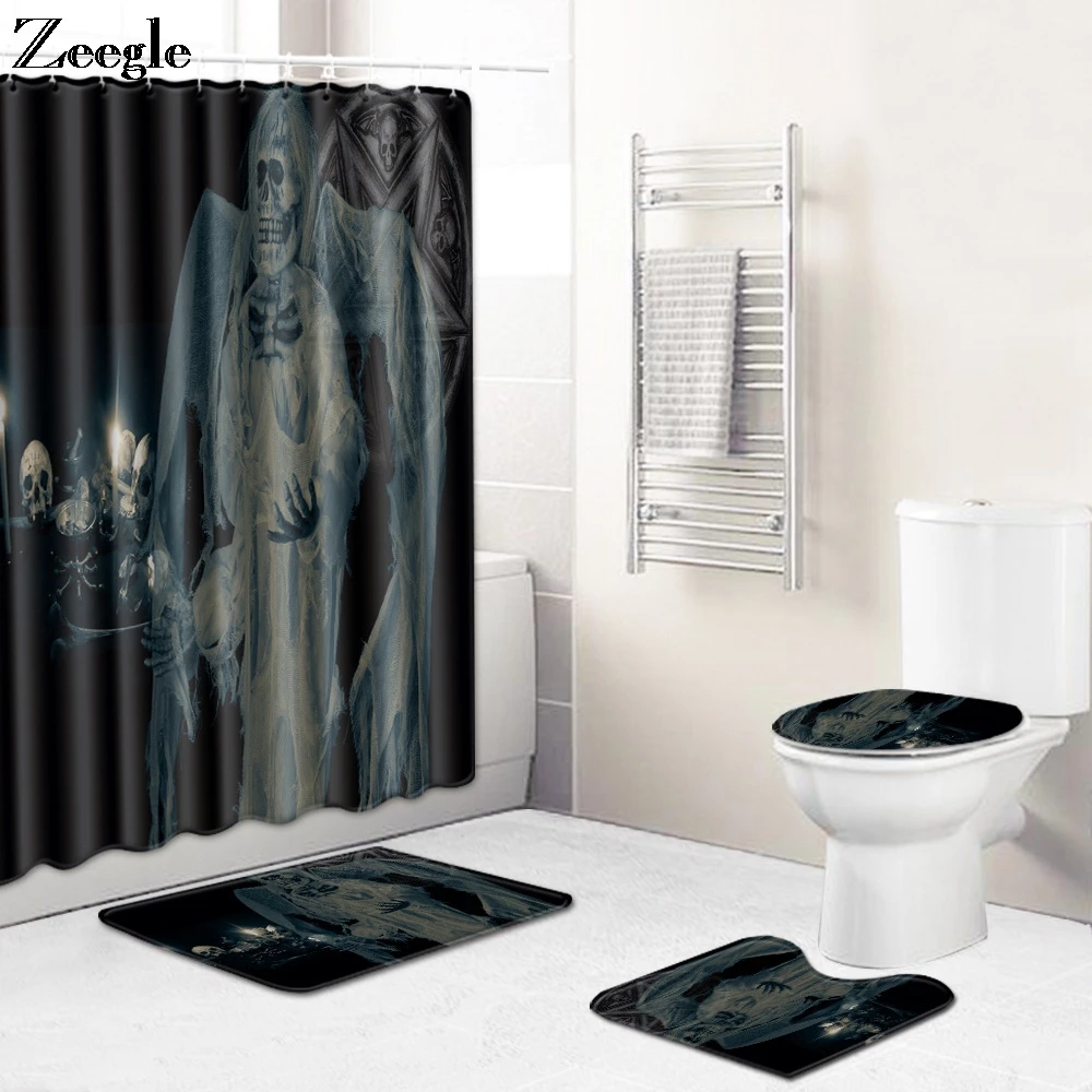Zeegle Shower Curtain Bath Mat Set Anti Slip Toilet Seat Cover Mat Absorbent Toilet Pedestal Rug Foot Mat 4pcs Bathroom Curtain