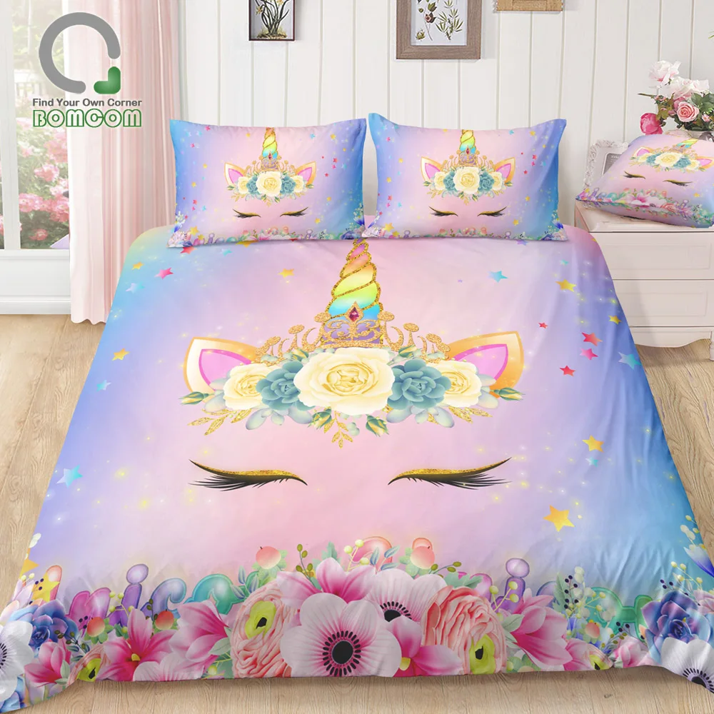 Bomcom 3D Digitale Di Stampa Set Di Biancheria Da Letto Unicorno Viso Sorriso Con Corona Di Fiori 3-Piece Duvet Set Di Copertura 100% In Microfibra