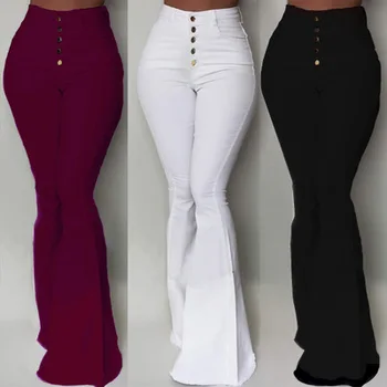 

Women High Waist Button Long Pants Ladies Casual Flare Pants Plus Size Trousers
