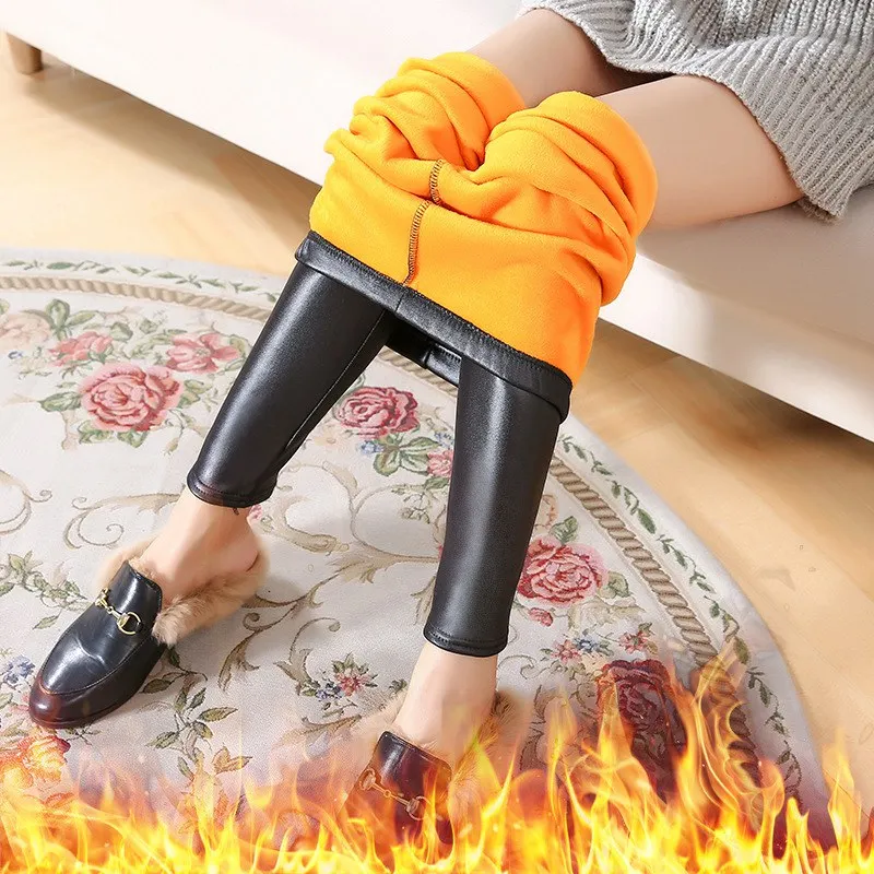

Women Pants Autumn Winter Warm Fleece Stretchy Slim Skinny Models Imitation Leather Pants Plus Velvet Thickening Leggings