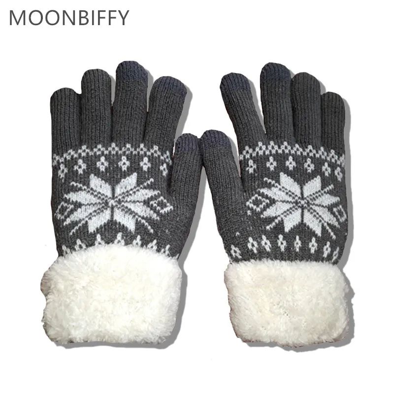 MOONBIFFY Rimiut толстые кашемировые двухслойные Зимние перчатки для женщин Снежинка вязаный узор полный палец катание на лыжах и сенсорный экран перчатки