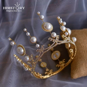 

HIMSTORY Stunning European Pearls Brides Round Crowns Headpieces Bridal Tiaras Headbands Wedding Hair Accessory Prom Headdress