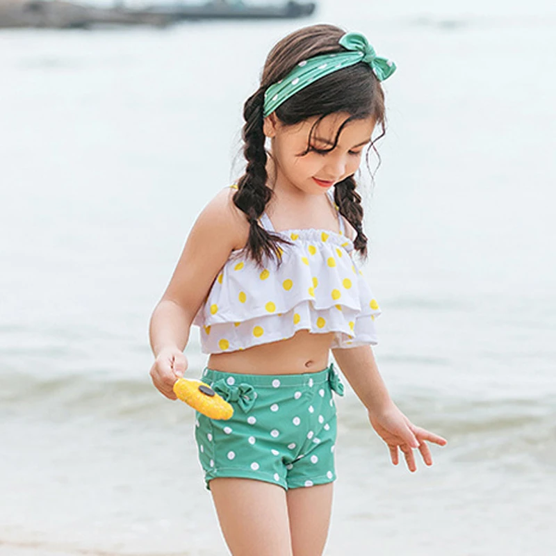 Bowknot Dots Flounce Strap Two Piece Swimsuit For Girls High Waist Kids Swimwear Children's Bikini Set Beach Wear Swimming Suit