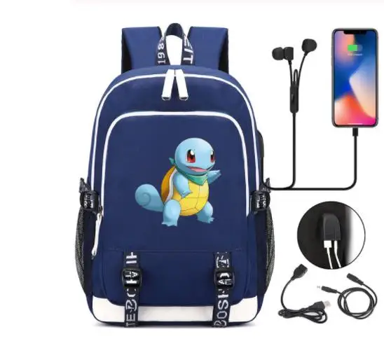 as pictures Squirtle Аниме Покемон рюкзак USB разъем для наушников для мальчиков, школьный рюкзак для девочек, Для женщин подростков холст Для мужчин ноутбук рюкзак - Цвет: as pictures