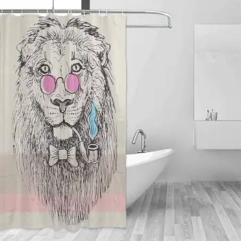 

Shower Curtain with Hooks Animal Magestic Lion Head Hipster Style Glasses Pipes Sketch Print goof Proof Shower W72 xL84 Beige