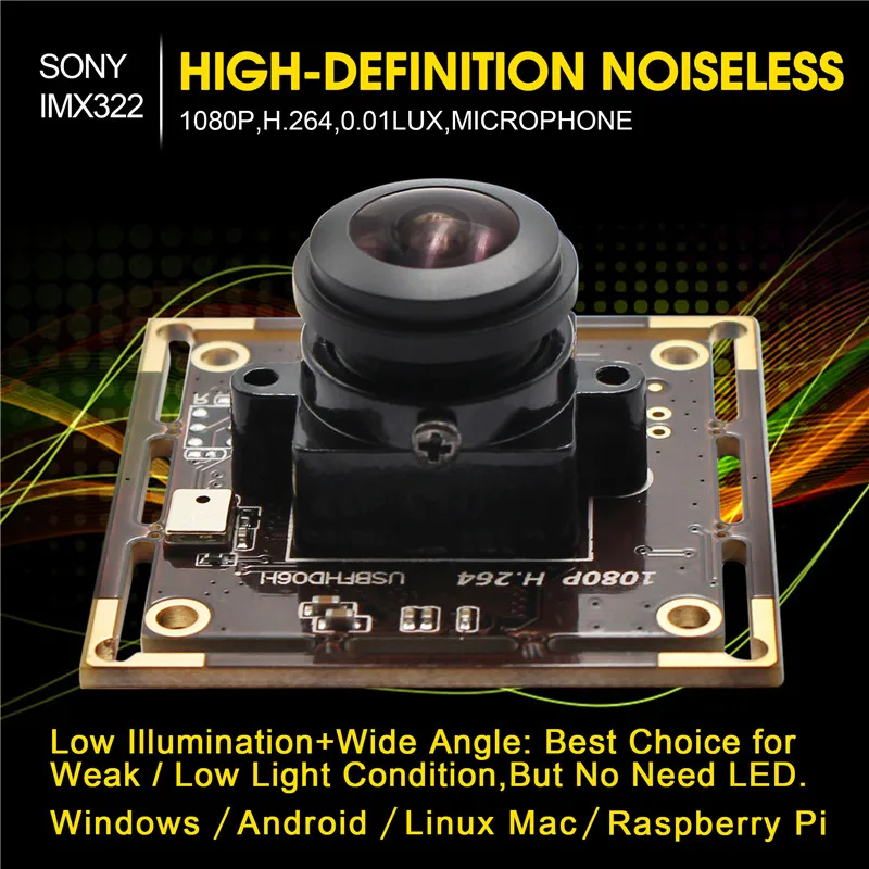 ELP 2MP IMX322 CMOS sensor 0.01Lux low light camera USB wide angle camera module for machine vision