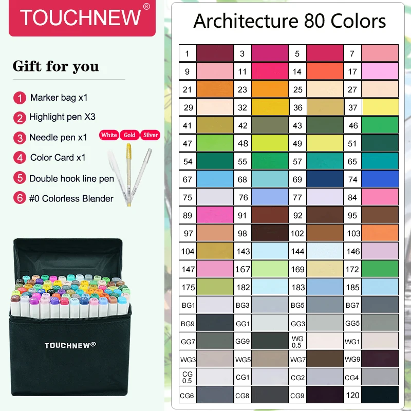 W6th80Architectural TouchFIVE маркер ручка набор 40/60/80/168 Цвет анимация маркер для рисования с двумя головками рисунок художественная кисть ручки на спиртовой основе с 6 подарки - Цвет: W6th80Architectural
