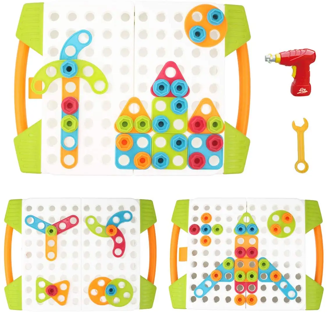 Electric Drill STEM Learning Toys 129 Pieces Set, DIY Building Blocks Construction Peg Board 3D Puzzle Toy Kit with Spanner Tool