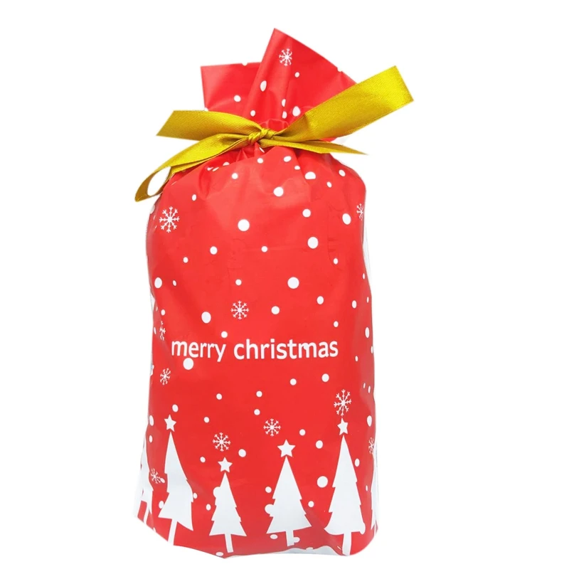 

50Pcs Christmas Tree Gift Bags Santa Printed Packaging Plastic Drawstring Bag