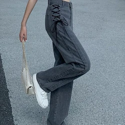 Inverno smoky cinza jeans solto design rendas up calças de perna larga feminina para olhar fino cintura alta calças retas casuais