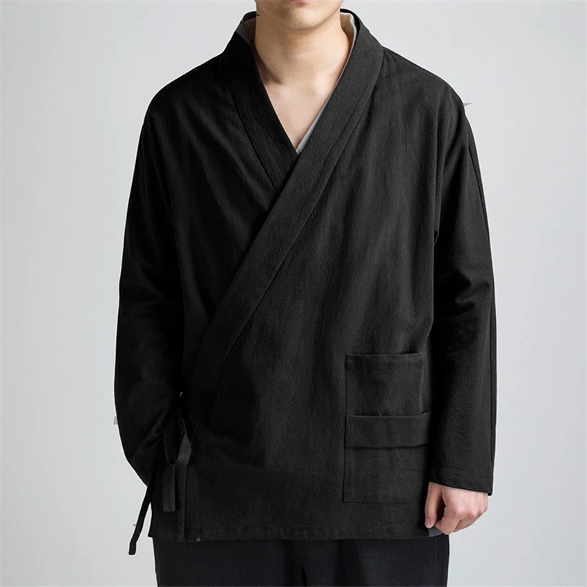 Tang Suit Autumn Chinese Style Cardigan Bandage Shirts Hanfu Vintage New Year Traditional Chinese Clothing for Men Tai Chi