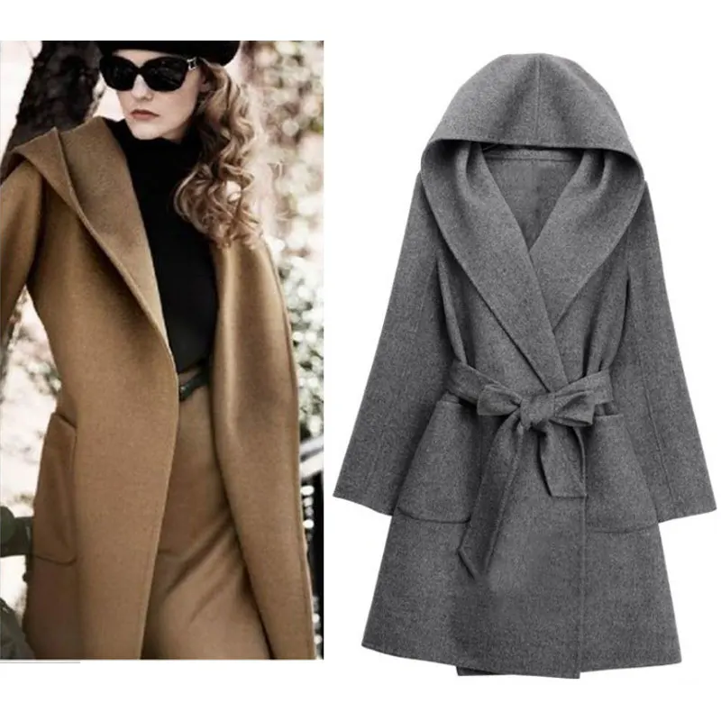 Новинка, зимнее женское Шерстяное Пальто с длинным рукавом, Двусторонняя одежда с поясом, свободная теплая шерстяная куртка с капюшоном, верхняя одежда