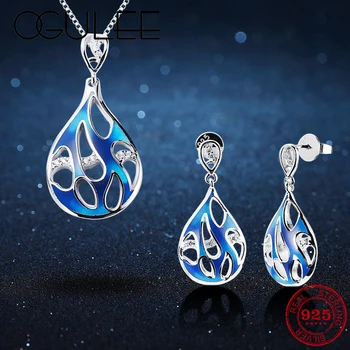 

Valentine's Day Gift Hollow Water drop shape Blue Enamel Jewelry Sets Clear CZ Fine 925 Silver Earrings Necklace For Women