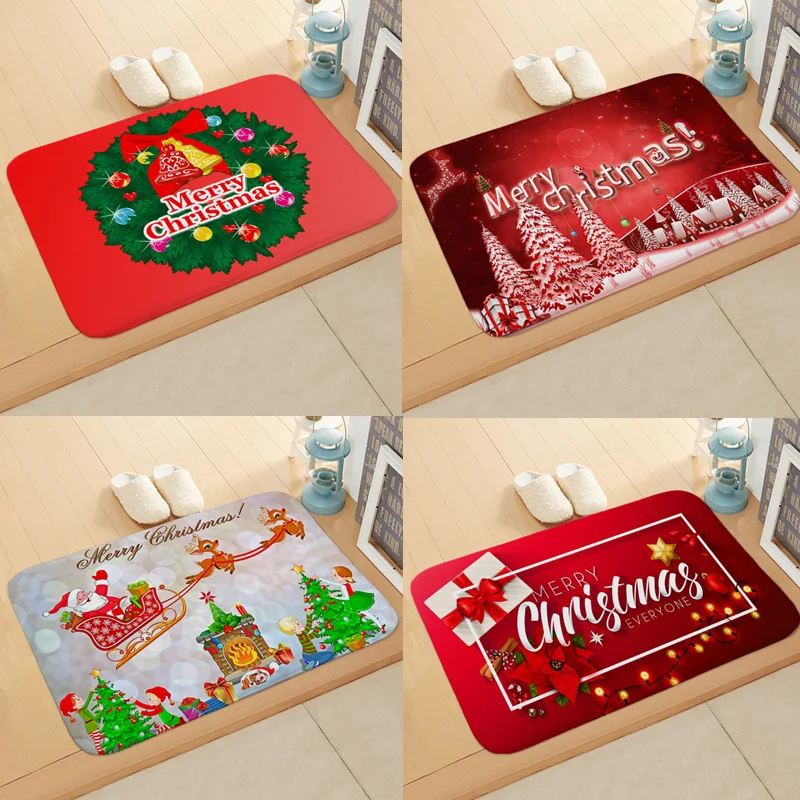 

Merry Christmas Doormats Carpet Anti-slip Santa Claus Flannel Home Bathroom Door Mat Christmas Decorations Home Party Mats