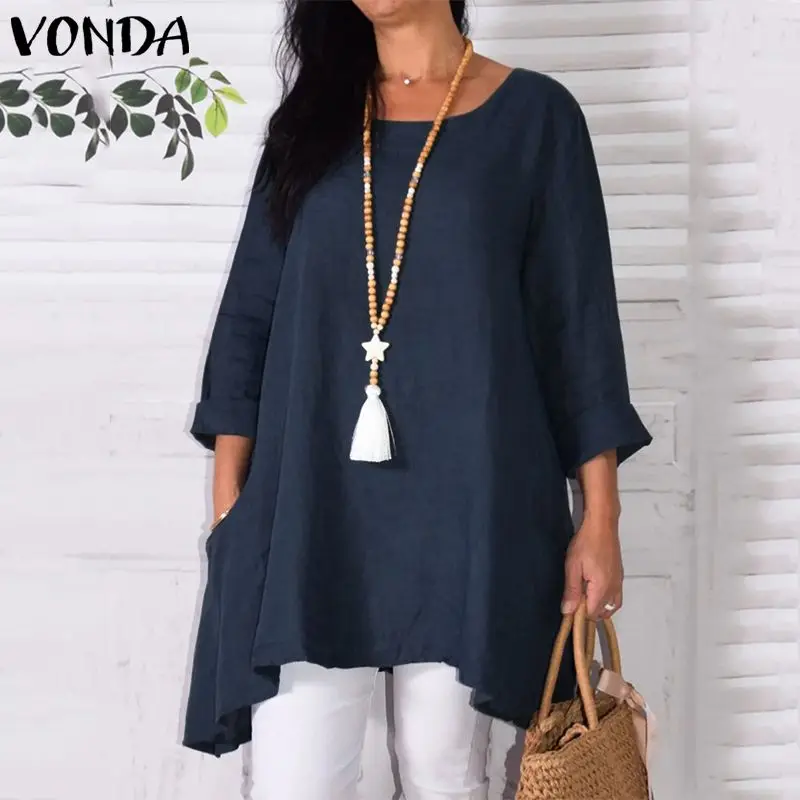 

VONDA Vintage Blouse Women Tunic 2019 Autumn Long Sleeve Shirts Casual Crew Neck Solid Tops Asymmetric Plus Size Blusas Feminina