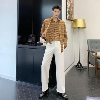 

Camisa de manga comprida solta casual xadrez estilo japão coréia masculino laço fita vintage impressão vestido camisas roupas pa