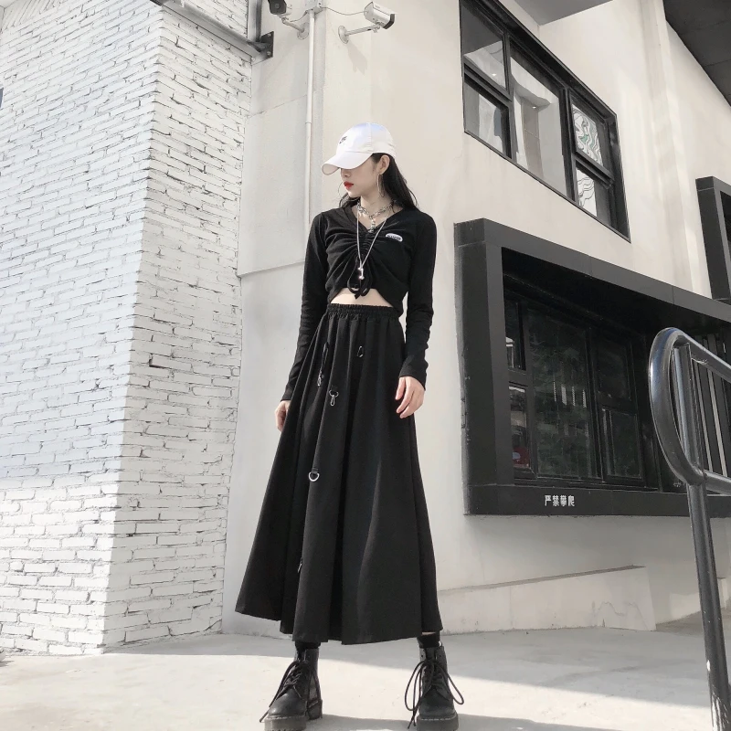 Женская сексуальная высокая талия Harajuku готика миди длинная панк уличная кольцо лента Свободная юбка корейский спортивный костюм черный Винтаж хип хоп