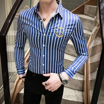 

Striped Shirt Men Badge Men Shirt Long Sleeve New Casual Slim Fit Streetwear Prom Tuxedo 3 Colors