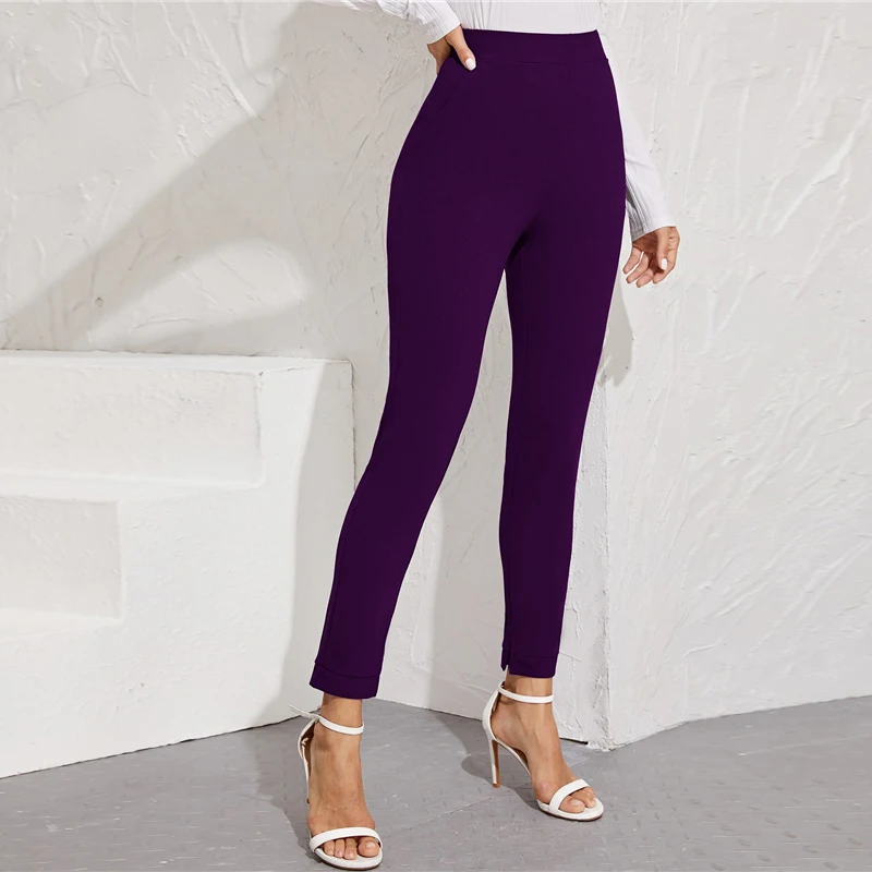 SHEIN, однотонные элегантные штаны с эластичным поясом и карманами, с разрезом по бокам, женские осенние узкие брюки с высокой талией для офиса