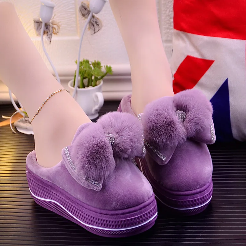 Зимние теплые тапочки на платформе; женская домашняя обувь с бантиком; модная дизайнерская плюшевая Creeper обувь; женские меховые шлепанцы - Цвет: 9006 purple 2