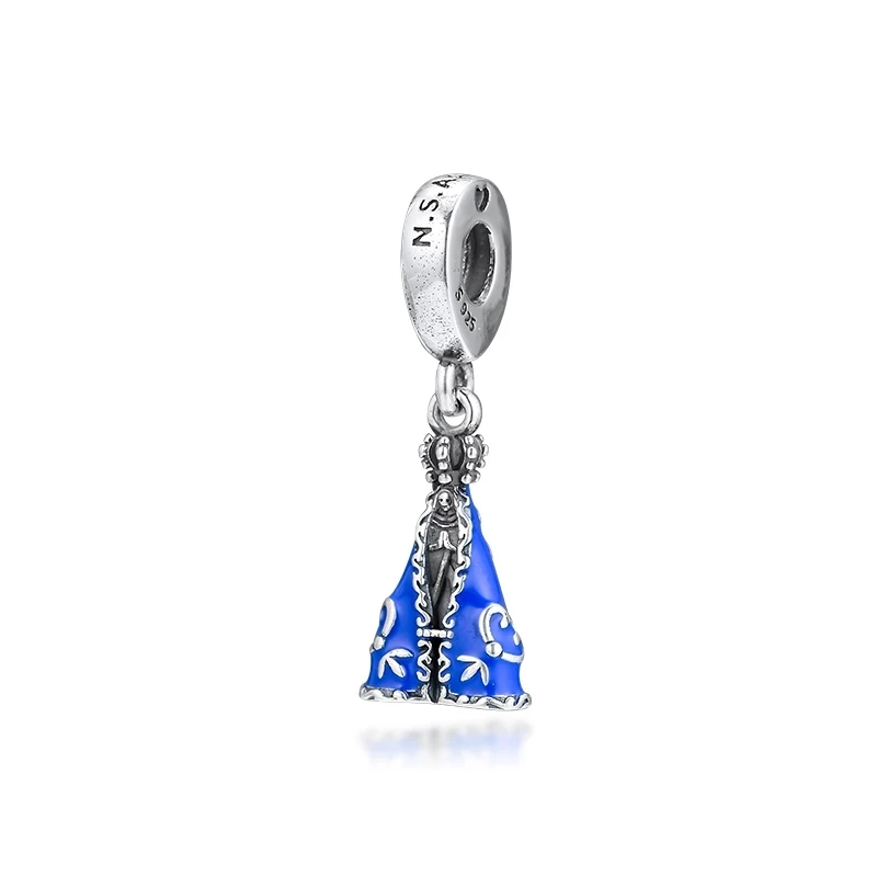 QANDOCCI серебро 925 ювелирные изделия Подходит Пандора браслеты Nossa Senhora Aparecida Серебро Висячие с голубой эмалью оригинальные бусины
