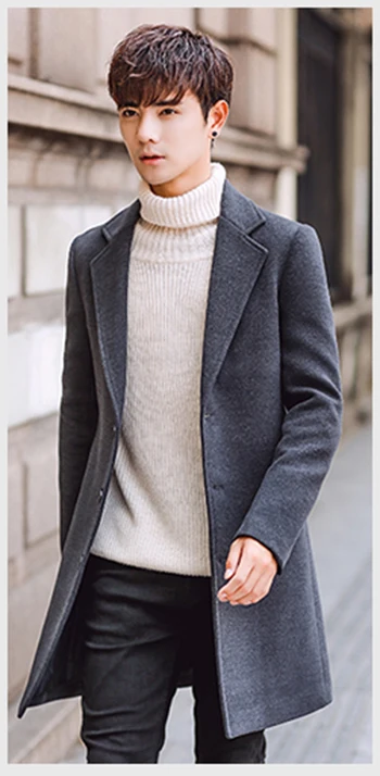 Dark gray HCXY2019 Мужская шерстяная куртка Корейская тонкая ветровка средней длины - Цвет: Dark gray