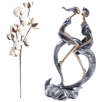 

Kiss Couple Figurine Resin Handcarfts Lovers Statue Figurine with Natural Dry Cotton Branch Artificial Flower