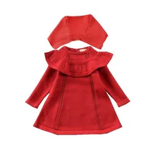 Осенне-зимнее платье для девочек детские вязаные хлопковые платья с рукавом три четверти, красные и белые платья с шапкой для детей