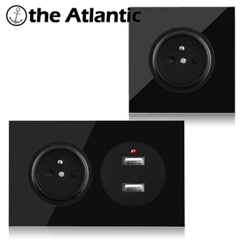 

FR France Wall Power Socket With Dual USB Charger Double Socket France Poland Czech Slovakia Electrical Socket Black Glass 146mm