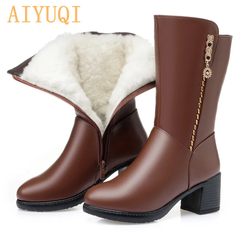 Brown wool AIYUQI женские ботинки новые зимние модные женские высокие сапоги на высоком толстом каблуке, большие размеры 42, 43 теплая шерстяная зимняя обувь - Цвет: Brown wool