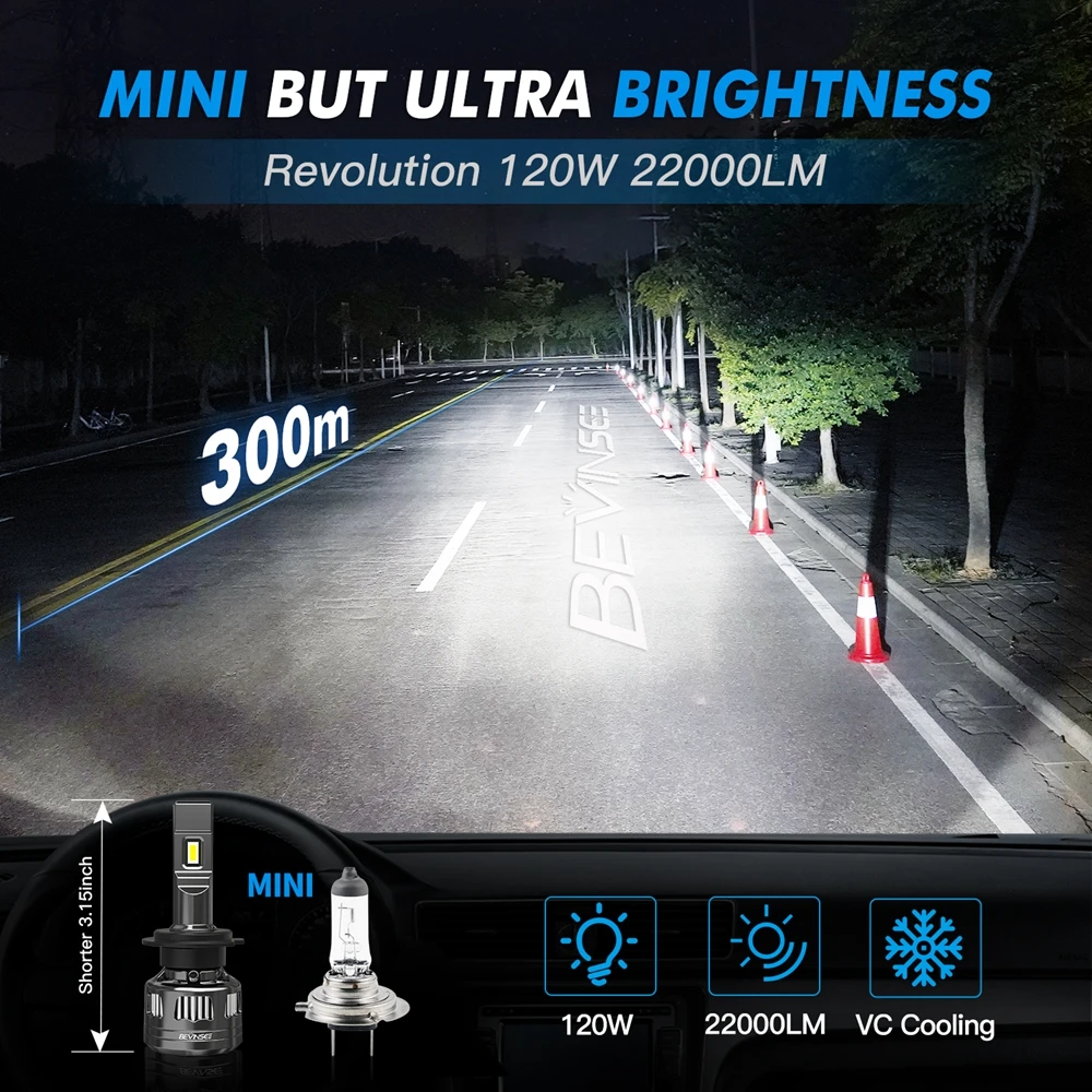 Bevinsee H7 H4 LED Lights Bulbs 9005 HB3 9006 HB4 H1 LED H3 H8 H9 H11 9012 Headlight 120W 22000LM 6000K White Car Headlamp V45