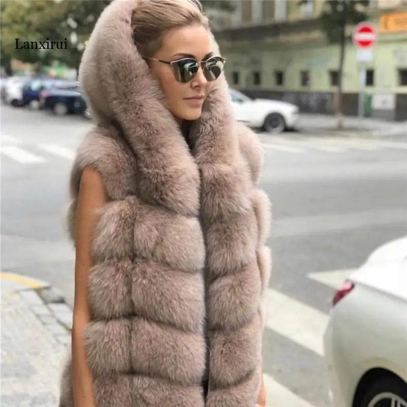 Fox Fur Vest Hood 6 Color High Quality Soft Thick Warm Hoodie Female Black Faux Mink Sleeveless Hooded Coat Women | Женская одежда