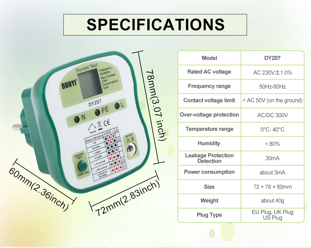 DUOYI DY207 220V 110V Цифровой Дисплей гнездо Тесты er Безопасность цепи розетки код