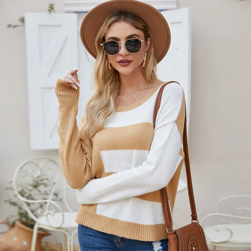 

Women's Stripe Sweater Autumn Winter Ladies O-neck Long Sleeve Patchwork Contrast Color Knitting Shirts Female's Pullover Tops