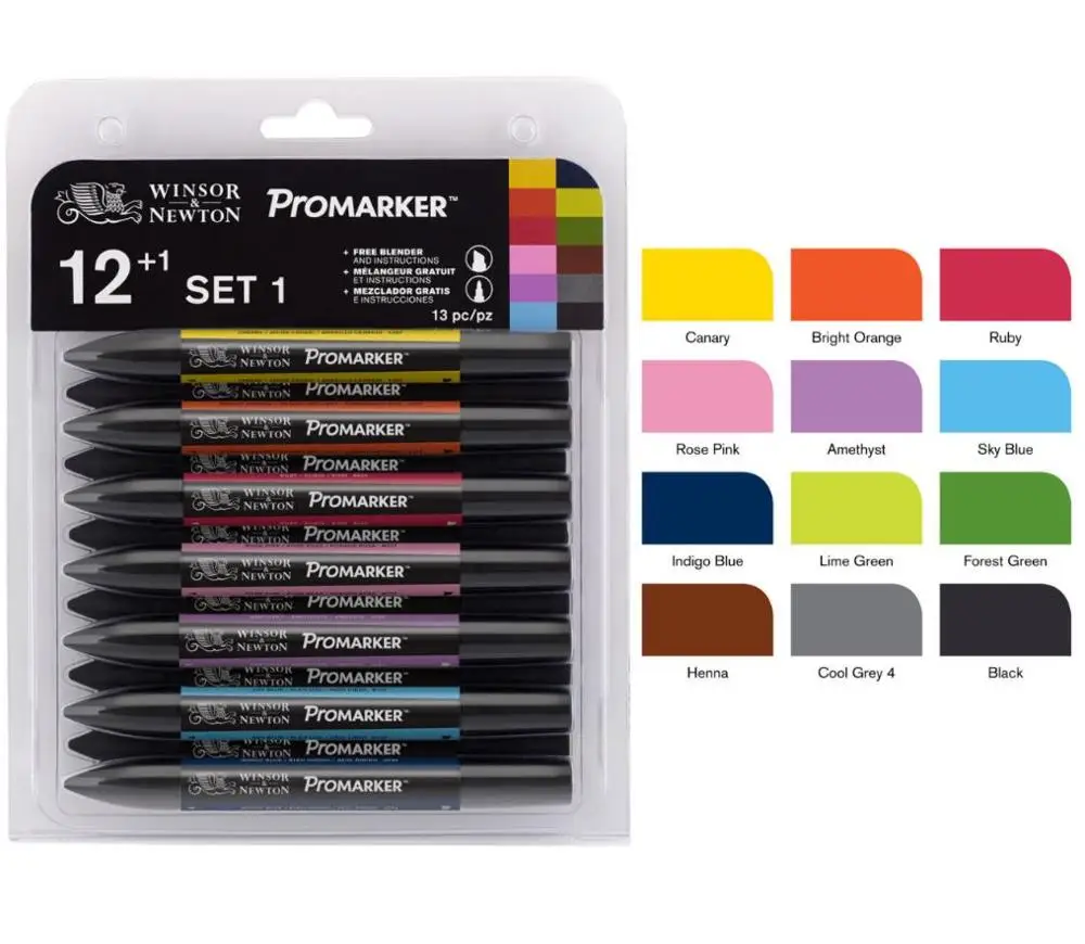 Фломастеры Winsor& Newton Promarker с двумя наконечниками, 6 цветов и 12 цветов, кисть для художника-блендера - Цвет: 12 Set 1