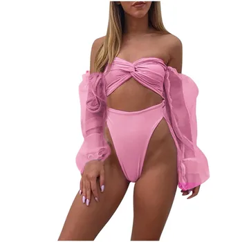 

Swimwear Sexy One Piece Women Solid Long Sleeve Mesh Hollow Push Up Bikinis Swimwear 2020 sexy bikini set swimsuit female