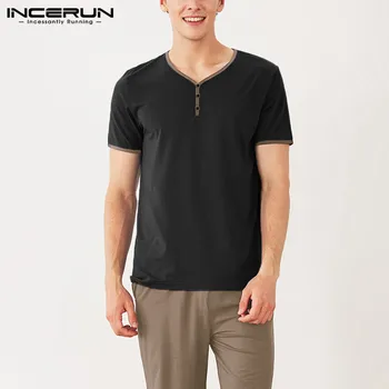 

2020 Summer Men Pajamas Set Short Sleeve Round Neck Patchwork Tops Short Bottoms Sleepwear Men Nightwear Suits Homewear INCERUN