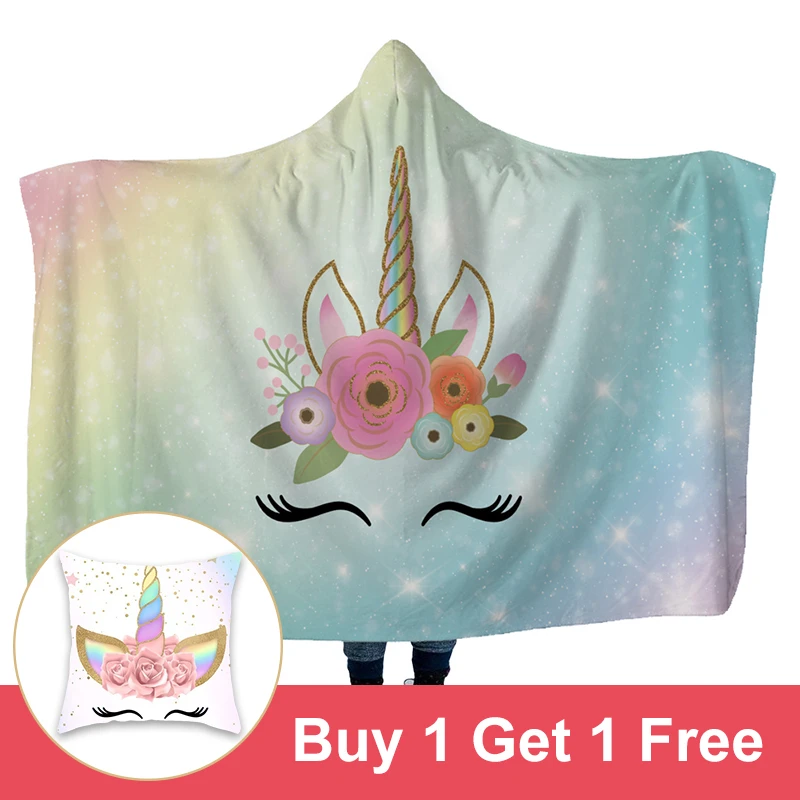 

Colorful Rainbow Unicorn Warm Plush Fleece Hooded Blanket Adult Kids Winter Wearable Blankets Travel Sofa Bed Throw Blanket