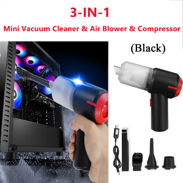 9000Pa 3in1 Handheld Vacuum Cleaner & Cordless Air Blower, Mini Air Duster Cleaner for Computer, Laptop, PC, Car Interior, Home 3-IN-1 Black