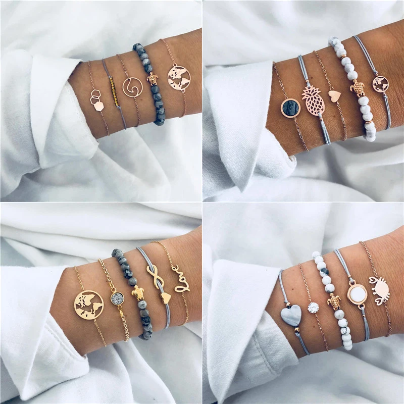 

Vagzeb 5 Pcs/ Set Punk Turtle Map Heart Letter Love Crystal Beads Chain Multilayer Pendant Gold Bracelet Set Charm Jewelry