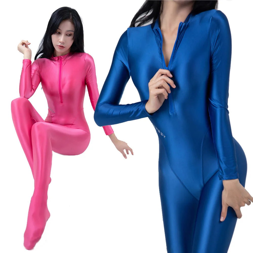 AMORESY Front Zipper Romper Full Length Oil Tights Shiny Smooth Women Overall Yoga Zentai Playsuit Suits Sexy Jumpsuits Catsuits