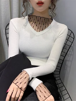 

2020 Spring New Lace V-neck Pullover Sweater Women's Long-Sleeve Tight Shirt Female Ladies All-match Slim Sweater Jumper Femme