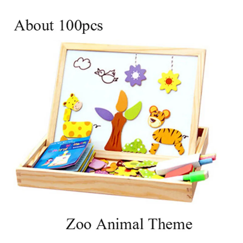 4 Themes Children DIY Drawrng Board Animal Magnetic Writing Blackboard and Whiteboard Educational Puzzle Kit Wooden Box Toys