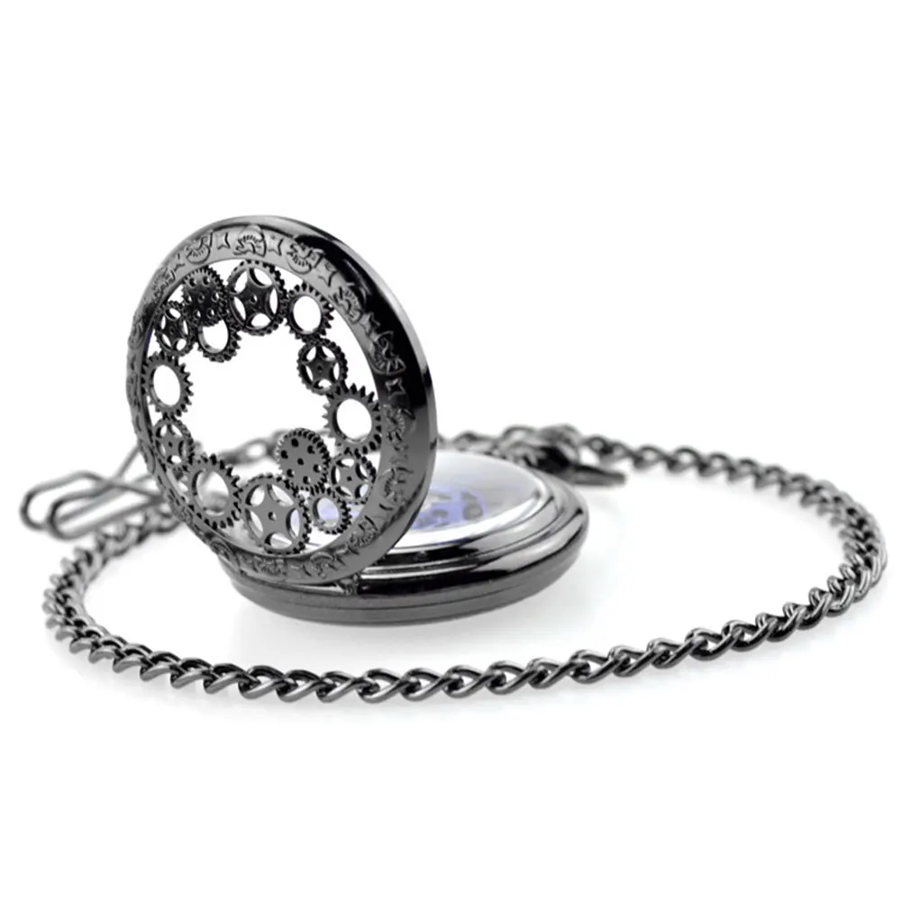 Mechanical Sculptured Fashion Pocket Watch Vintage Roman Numerals Necklace Gear Shape Retro Gift With Chain Fob Flip Open