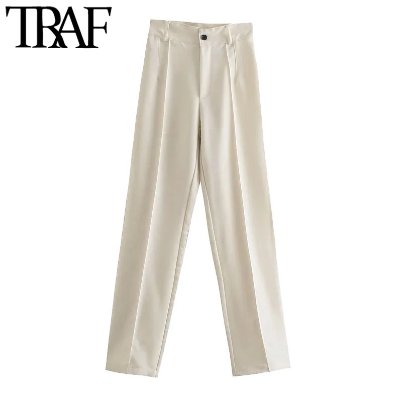 TRAF Women Chic Fashion Office Wear Straight Pants Vintage High Waist Zipper Fly Female Trousers Mujer