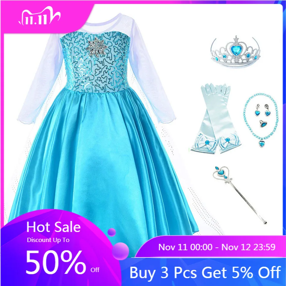 

Princess costume Long Sleeve Dress for Girl Snow Quuen Elza Dresses Christmas Children's Clothing Birthday Party Performance Set