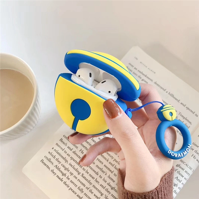 Мультяшный чехол для AirPods милый чехол силиконовый Bluetooth защитный чехол для наушников для Apple Airpods кольцо на палец 3D Doraemon Bell