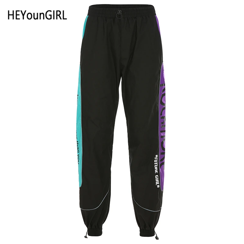 Черный HEYounGIRL Patchwork Reflective Joggers Women Punk Harajuku High Waist Pants Caprs Hip Hop Printed Casual Sweatpants Streetwear - Цвет: Черный