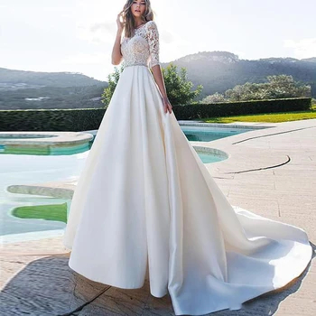 

Luxury A-Line Satin Princess Wedding Dress Half Sleeves Elegant Appliqued Boho Rhinestone Belt Beach Wedding Bridal Gown Winter