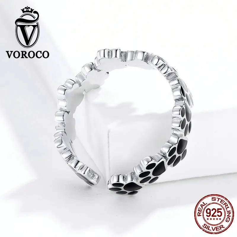 Voroco настоящий 925 пробы, серебряные Регулируемые кольца, собачья лапа, кольцо с черной эмалью, домашнее животное, женское вечернее серебряное ювелирное изделие Anillos BKR603